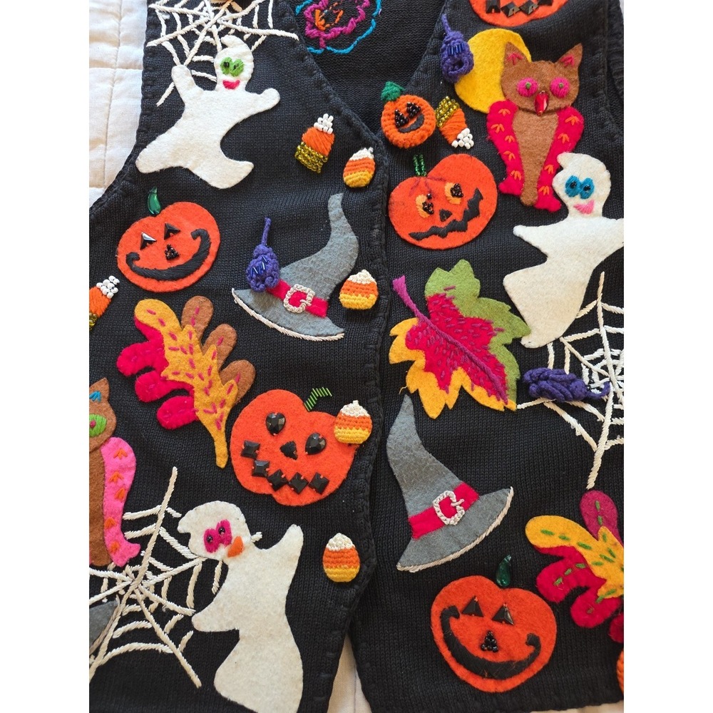 GORGEOUS 90s Vintage Michael Simon Halloween Vest Embroidered Spooky Knit Medium - Picture 7 of 9
